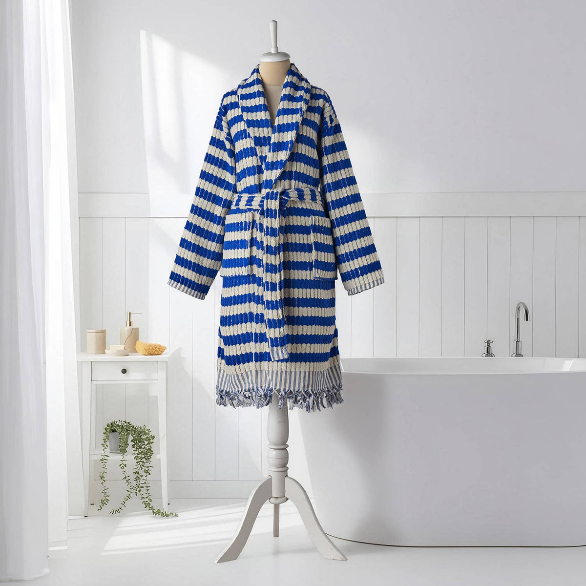 Pompom Turkish bathrobe – Lokum Blue, Shawl Collar, full-length view | Kikoya