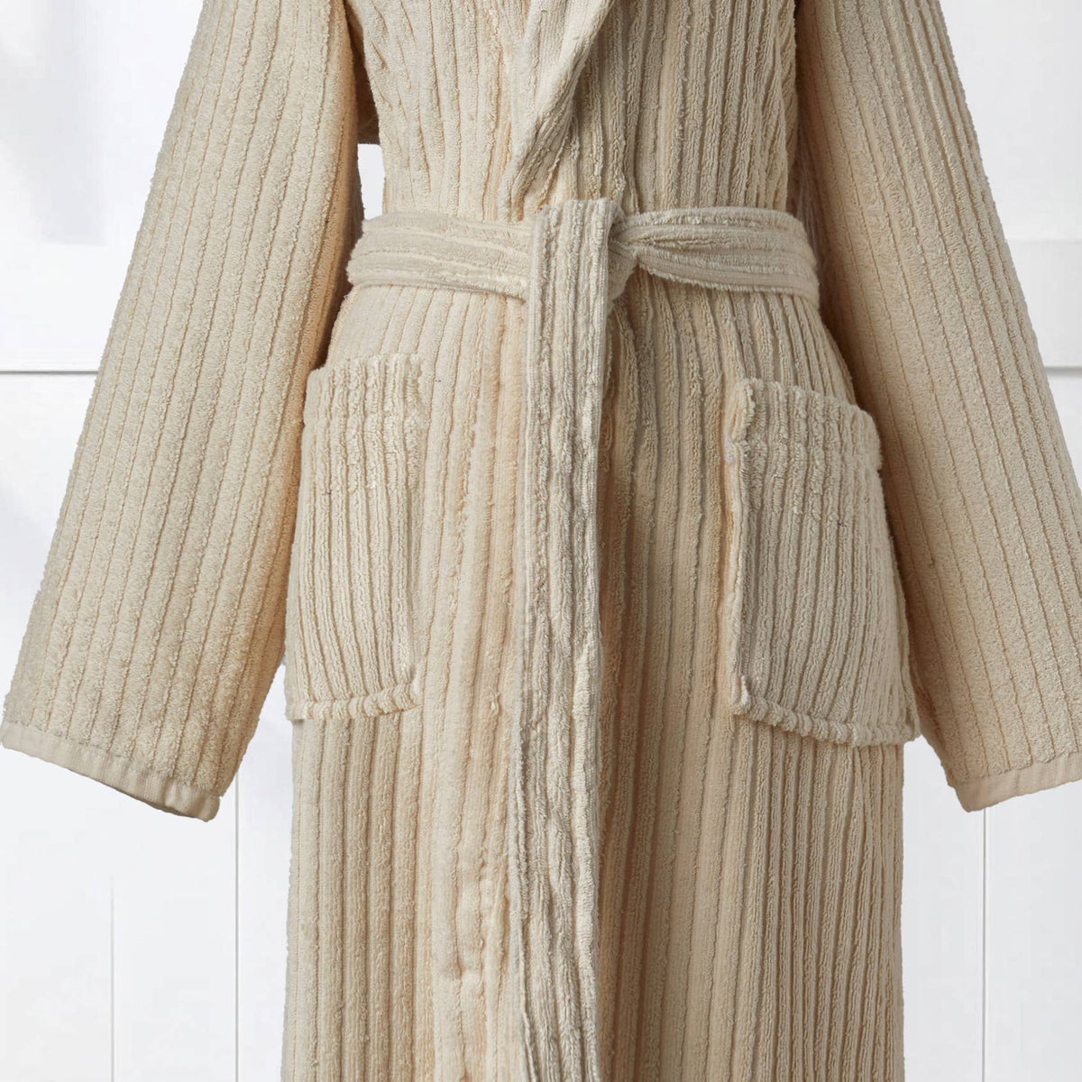 Pompom Turkish bathrobe – Natural Stripe, Shawl Collar, belt and pocket detail | Kikoya