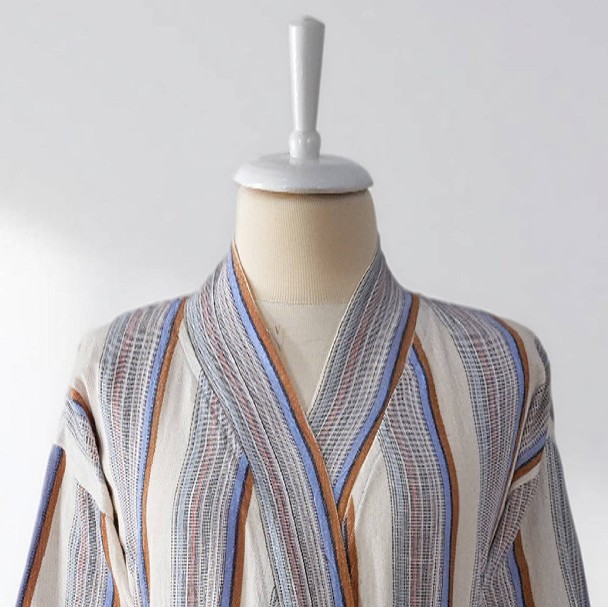 Fine stripe Turkish cotton bathrobe in grey & mauve – hooded | Kikoya