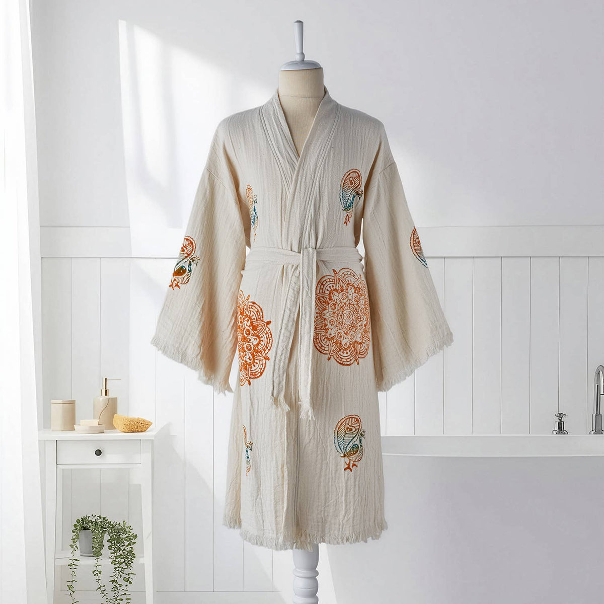 Block Print Turkish Cotton Bathrobe – Hand-stamped Design 8, Kimono