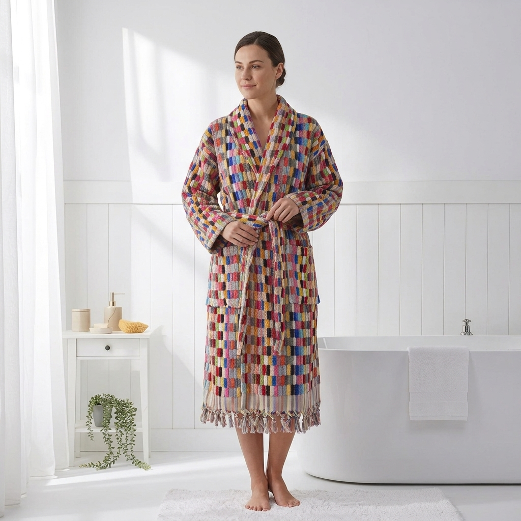 Pompom Turkish bathrobe – Lokum Multicolor, Shawl Collar, styled view | Kikoya