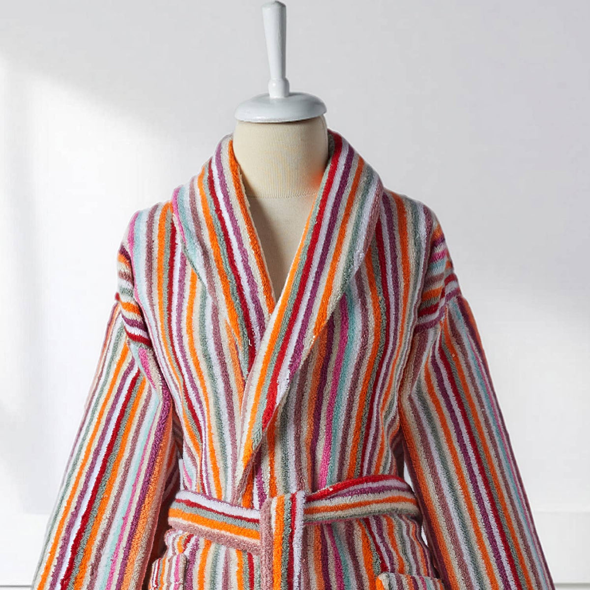 Pompom Turkish bathrobe – Pink Multi Stripe, Shawl Collar, belt and pocket detail | Kikoya