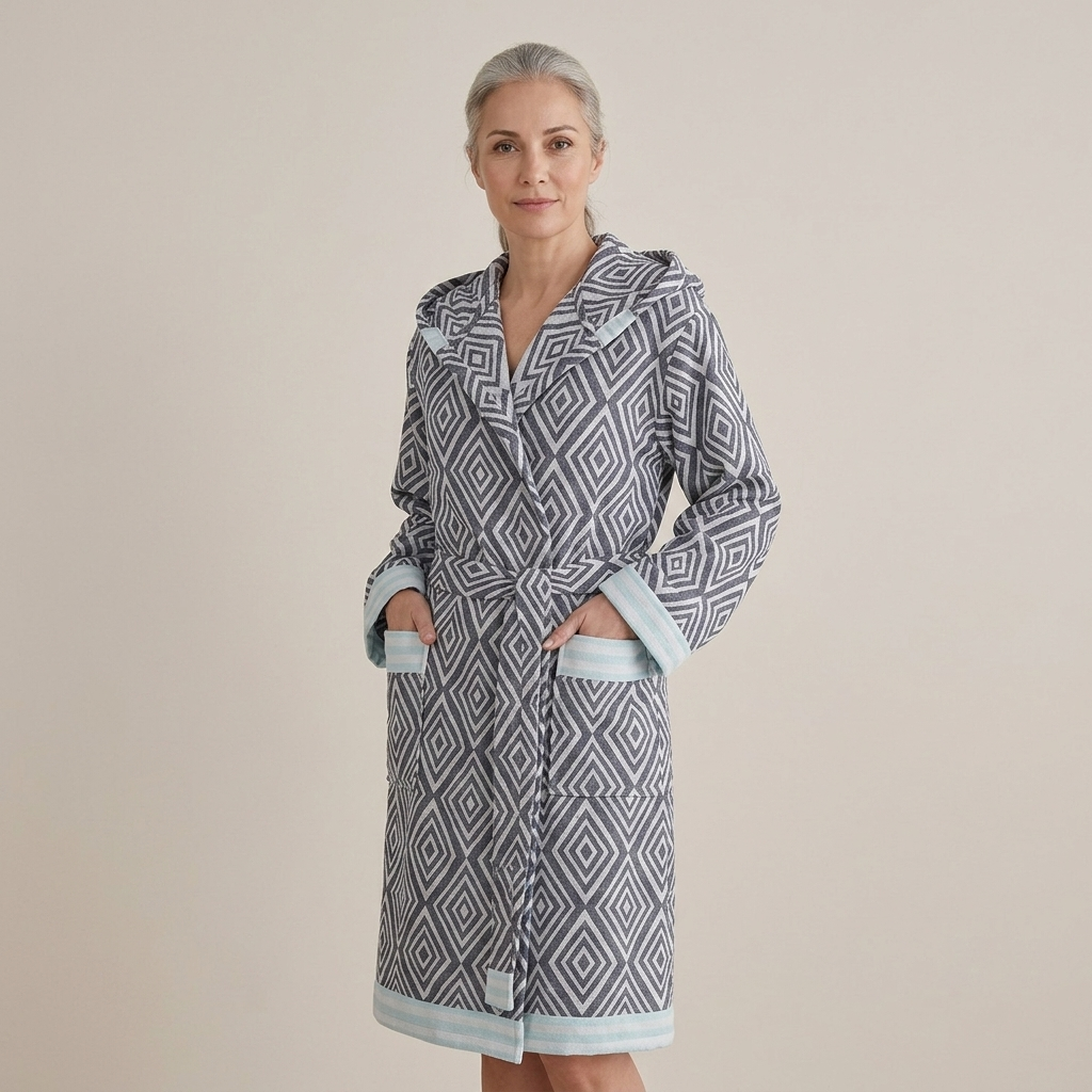 Diamond jacquard Turkish bathrobe – hooded, mustard trim | Kikoya