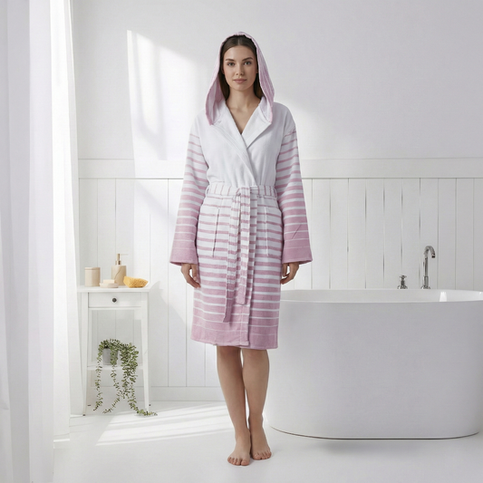 Paradiso terry-backed Turkish bathrobe in a two-tone stripe, hooded | Kikoya