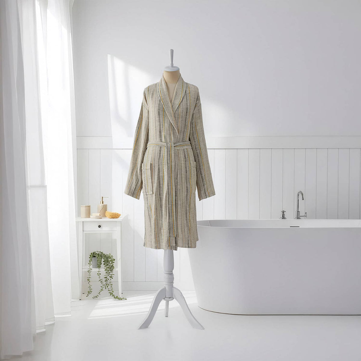 Textured stripe Turkish cotton bathrobe in olive & beige – shawl collar | Kikoya
