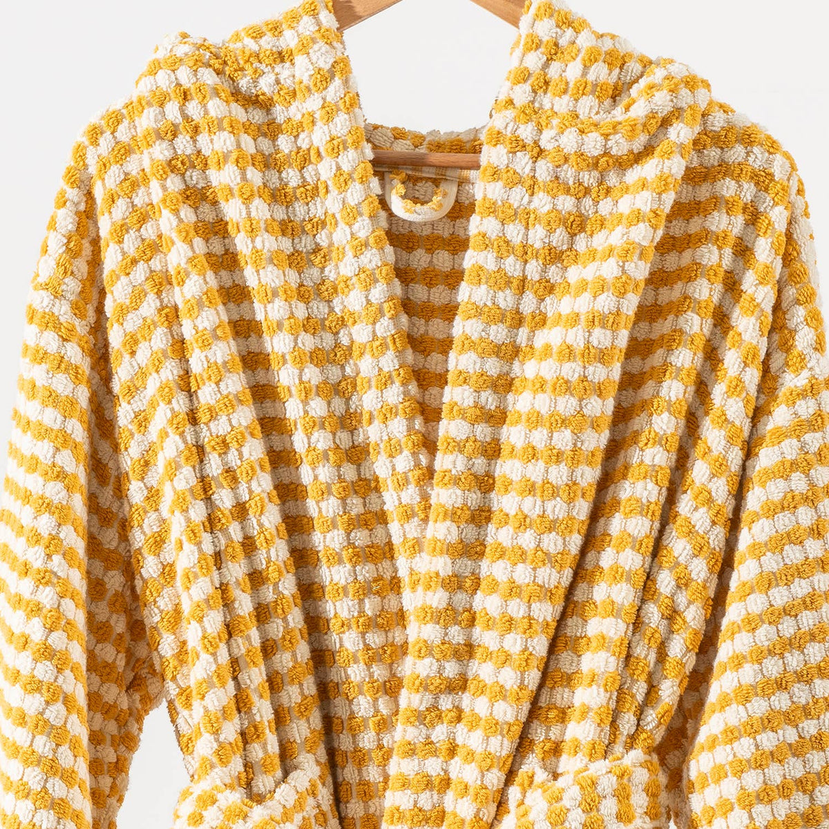 Pompom Turkish bathrobe – Mustard, Hooded, front view | Kikoya