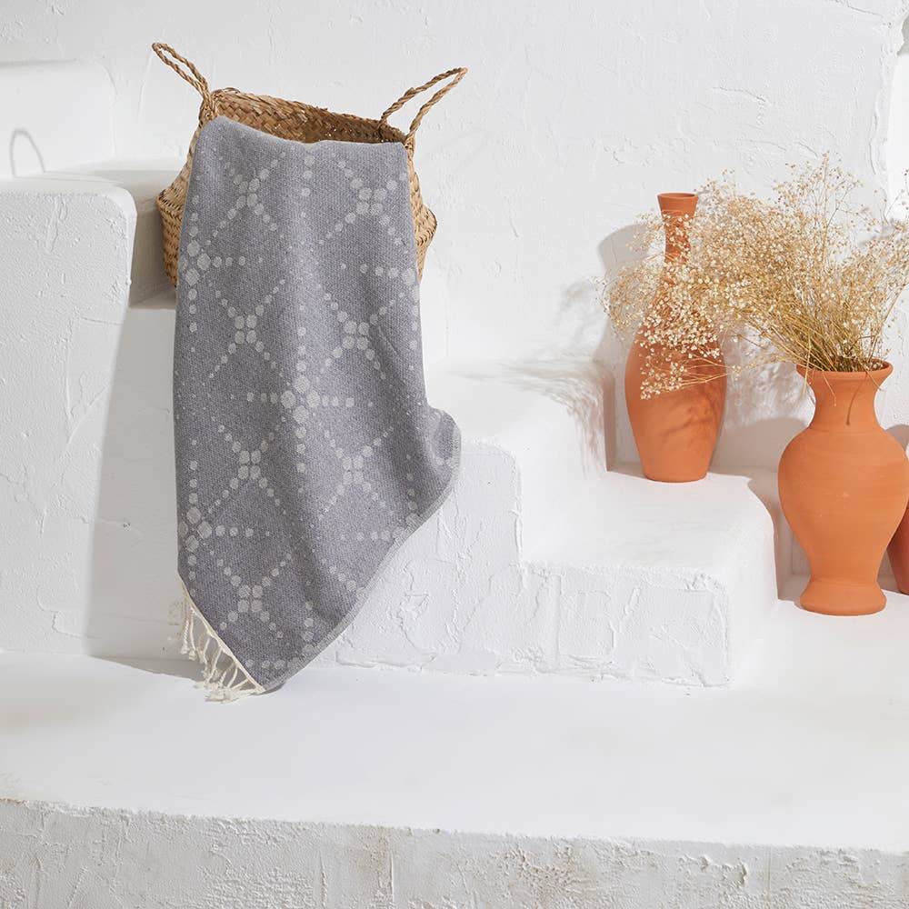 Star terry-backed Turkish towel with tonal star jacquard in anthracite, 35x70 in | Kikoya