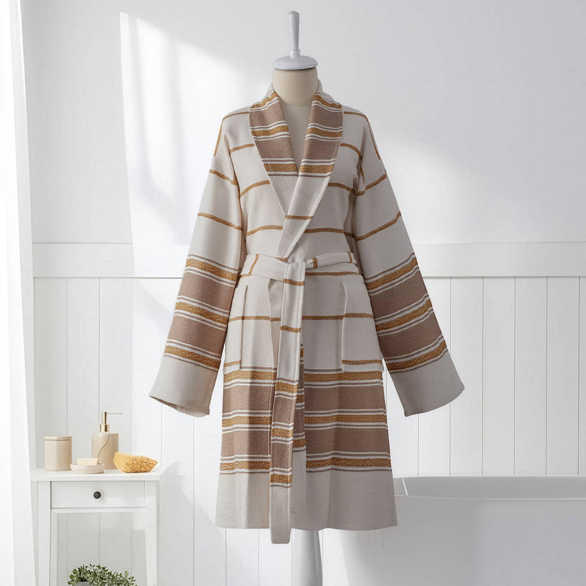 Bohemia Turkish bathrobe – shawl collar, beige | Kikoya
