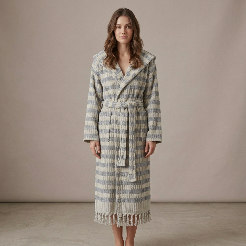 Pompom Turkish bathrobe – Lokum Grey, Hooded, front view | Kikoya