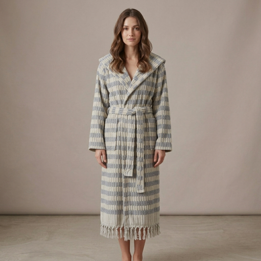 Pompom Turkish bathrobe – Lokum Grey, Hooded, front view | Kikoya