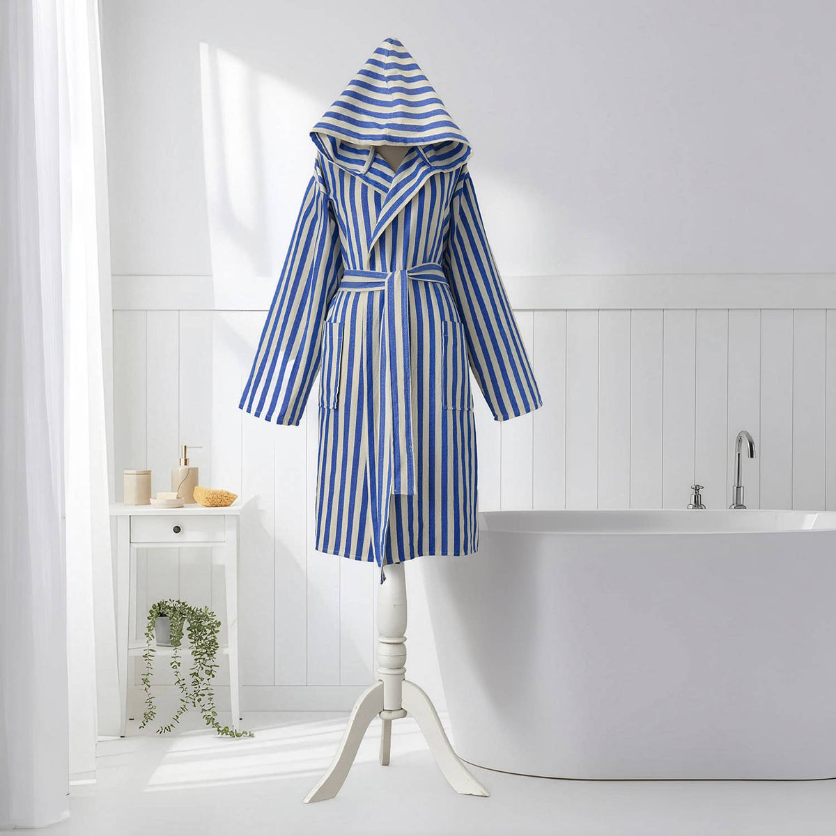 Zebra stripe Turkish hooded bathrobe – Blue & Cream, full length | Kikoya