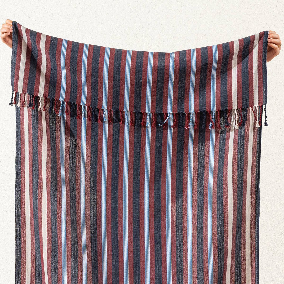 Burgundy & Sky Stripe peshtemal, knotted fringe detail | Kikoya