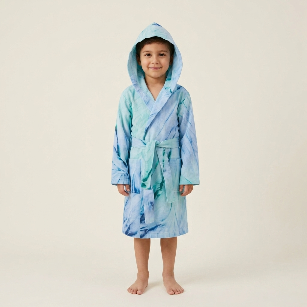Hand tie-dyed kids Turkish bathrobe – hooded, ages 5-8 | Kikoya