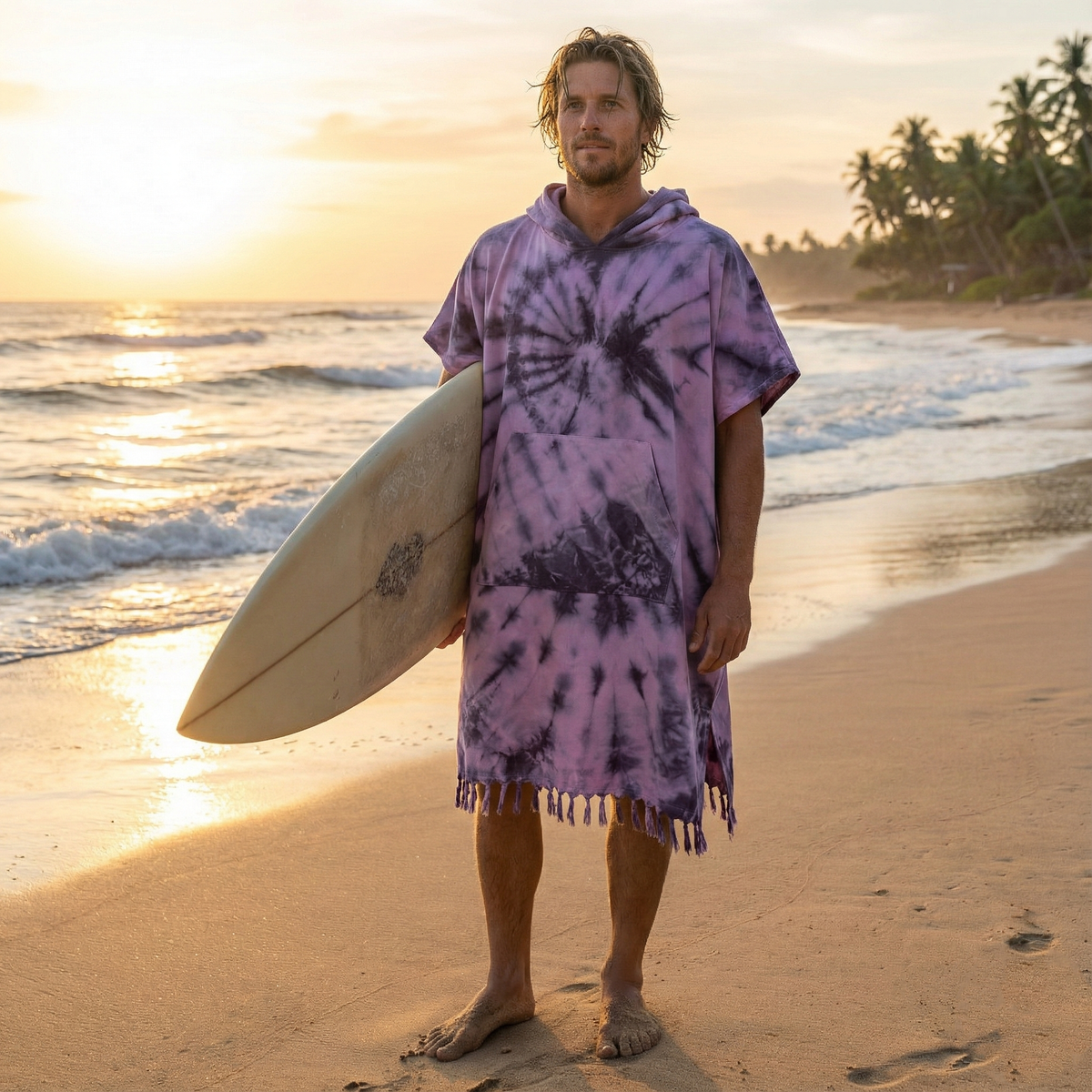 Plum Adult Hooded Changing Poncho – Purple Tie-dye, front view | Kikoya