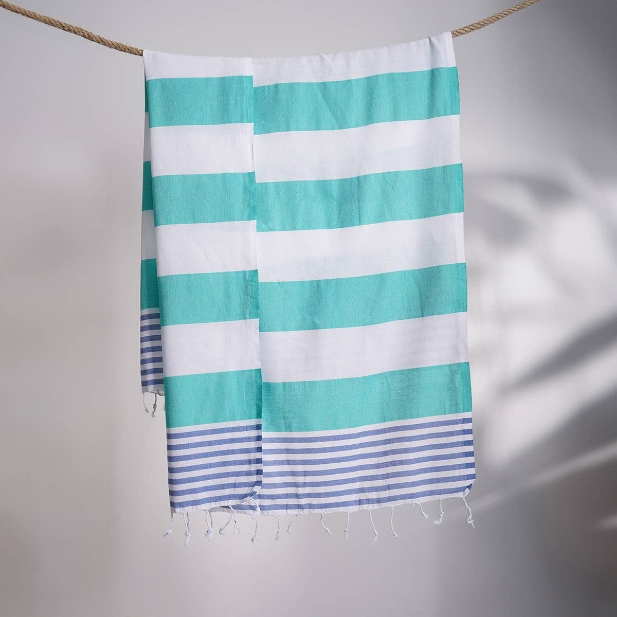 Mediterranean Turkish beach towel – Green, White & Blue block stripe | Kikoya