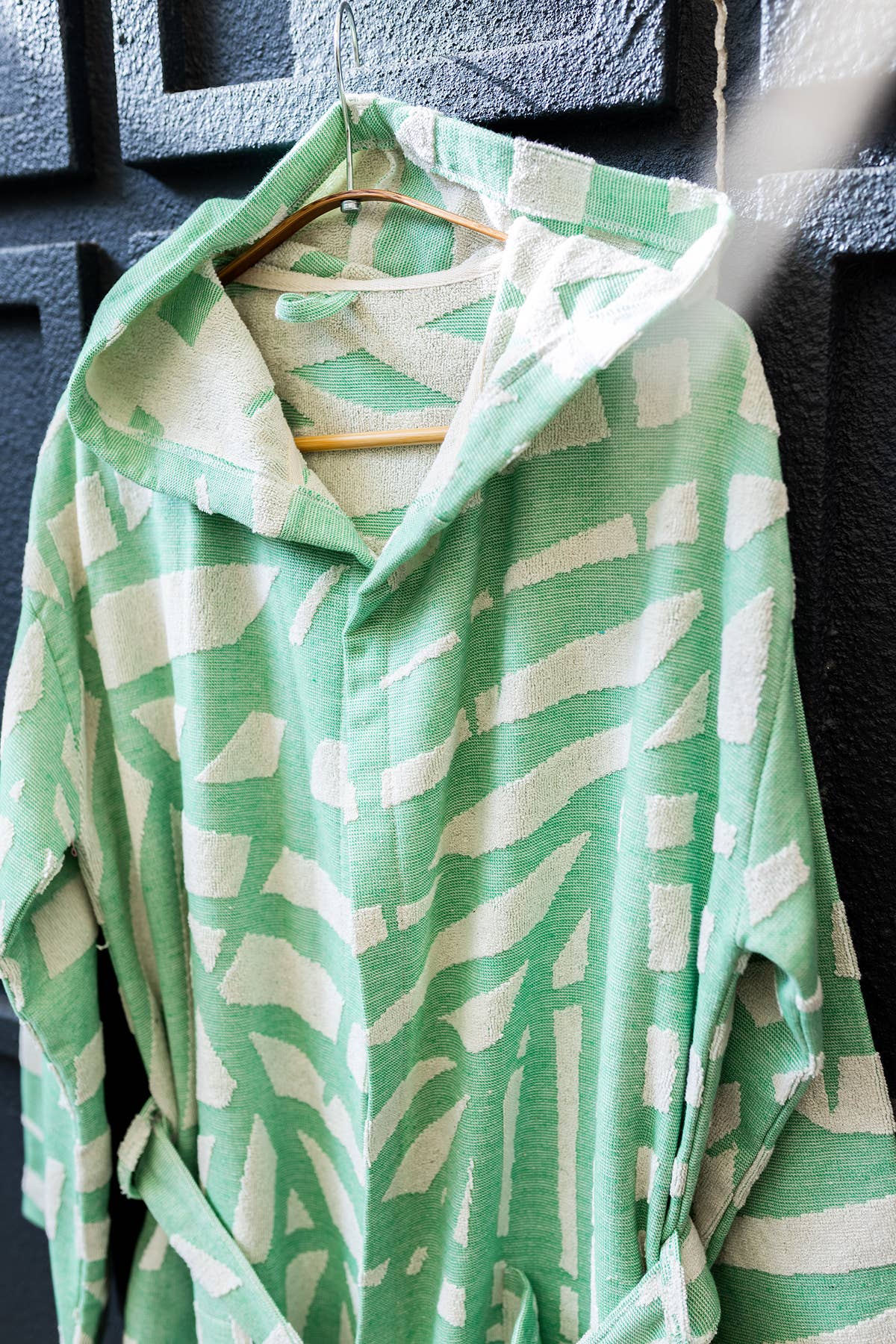 Fronds raised terry Turkish bathrobe, hooded, palm-frond jacquard | Kikoya