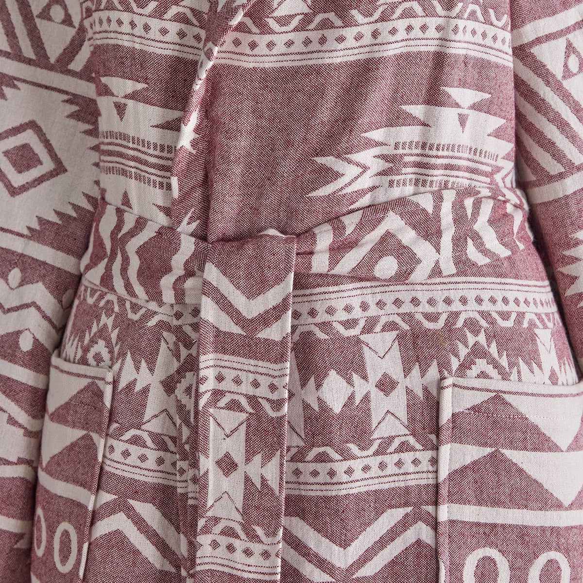 Aztec Turkish bathrobe in dusty rose – hooded, fringed hem | Kikoya