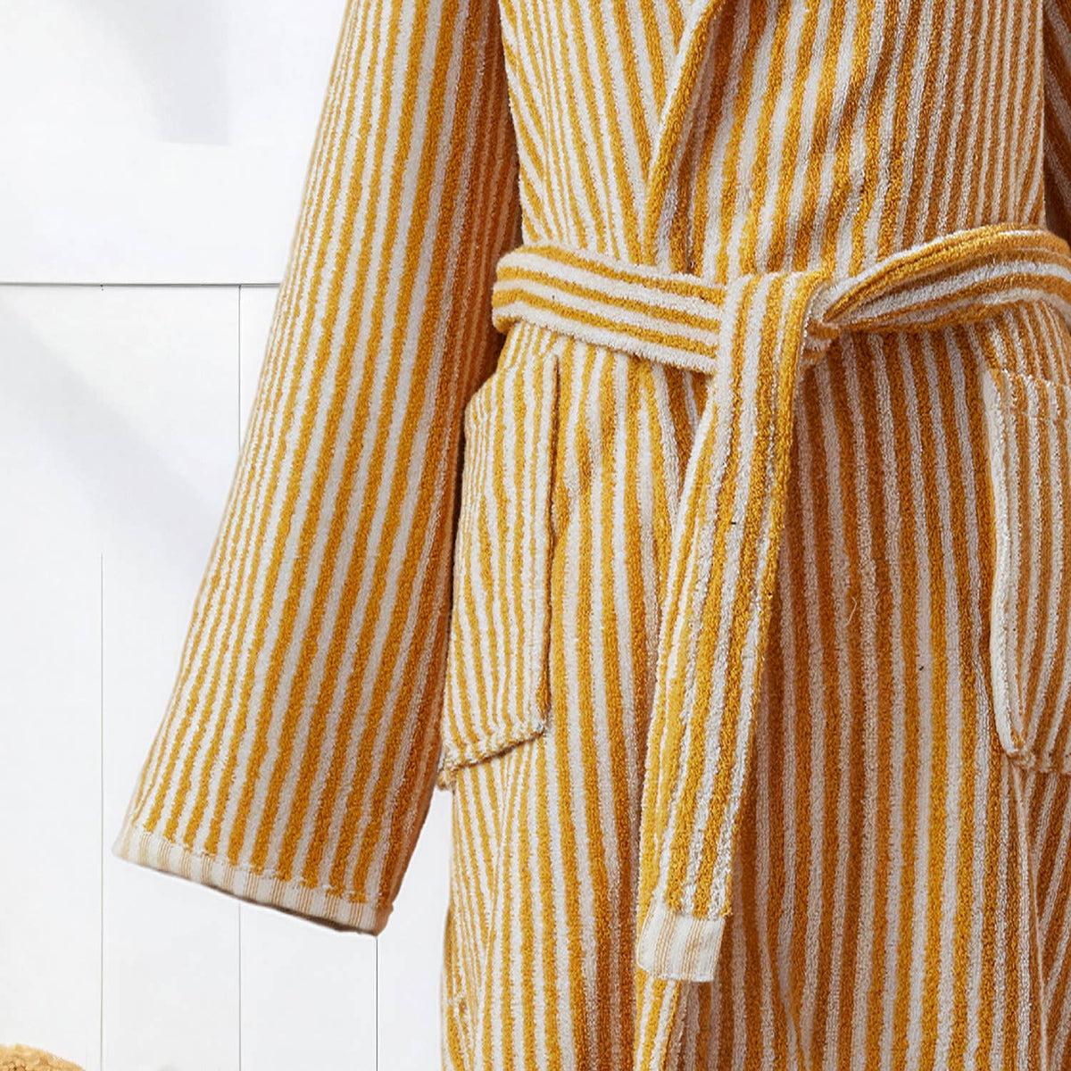 Pompom Turkish bathrobe – Mustard & White Stripe, Hooded, texture detail | Kikoya