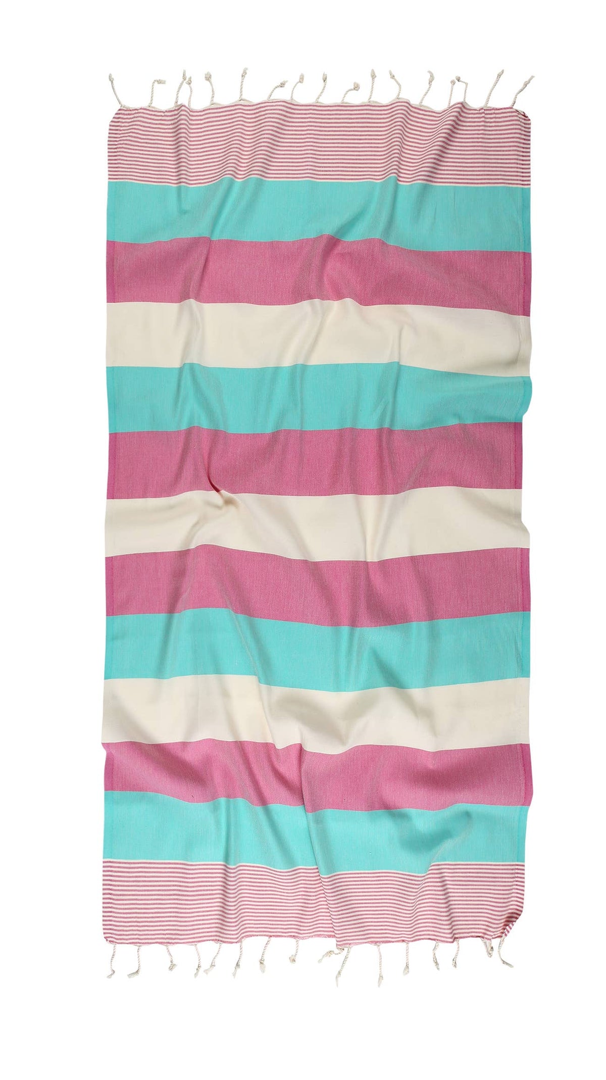 Hawaiian Turkish beach towel in pink and mint block stripe on cream, 35x70 in | Kikoya