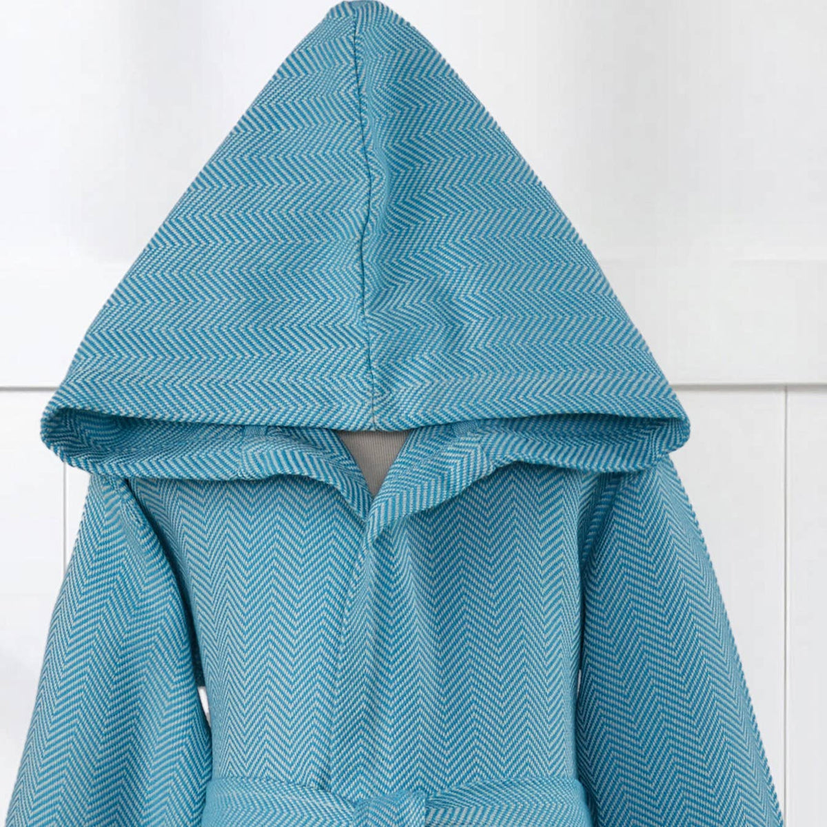 Herringbone kids Turkish cotton bathrobe – hooded, fringed hem | Kikoya