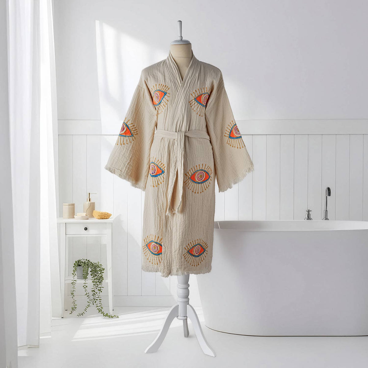 Block-print Turkish cotton kimono robe – Evil Eye Coral & Blue | Kikoya
