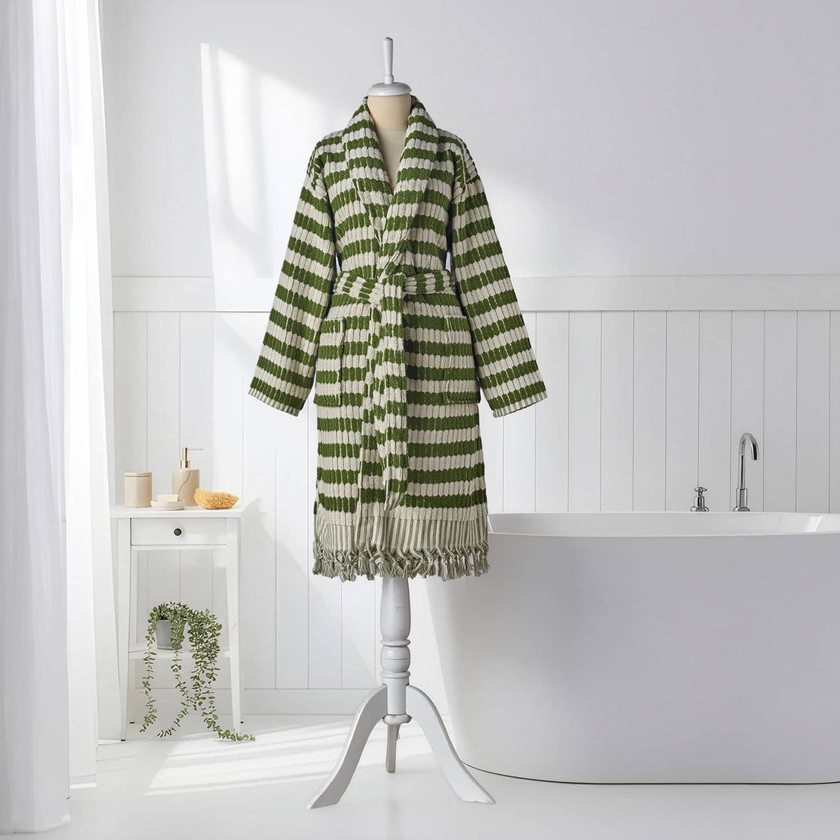 Pompom Turkish bathrobe – Lokum Khaki, Shawl Collar, front view | Kikoya