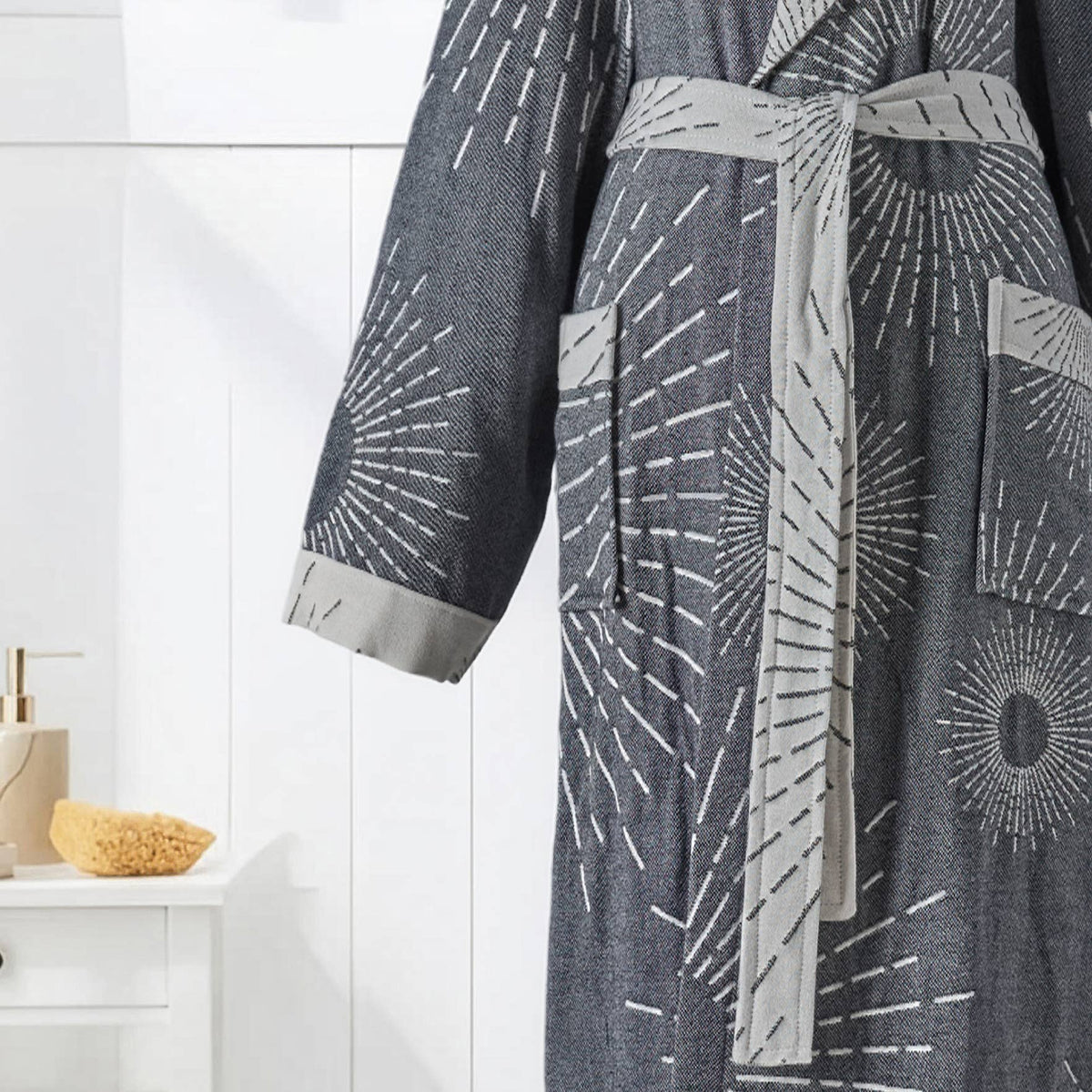 Sunburst Turkish bathrobe in charcoal – shawl collar, full length | Kikoya