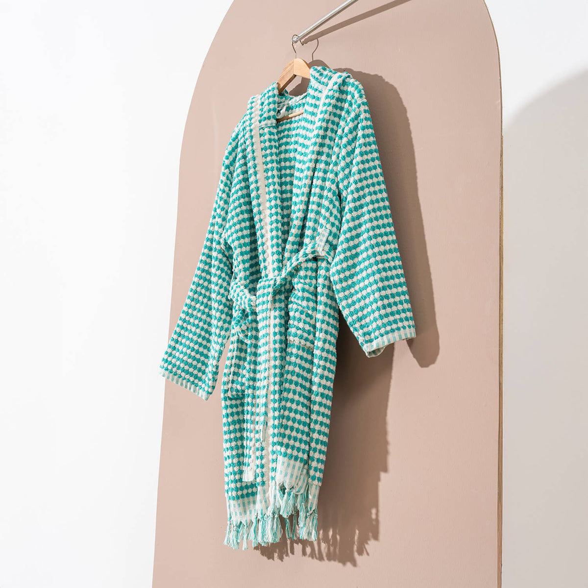 Pompom Turkish bathrobe – Green & White, Hooded, styled view | Kikoya