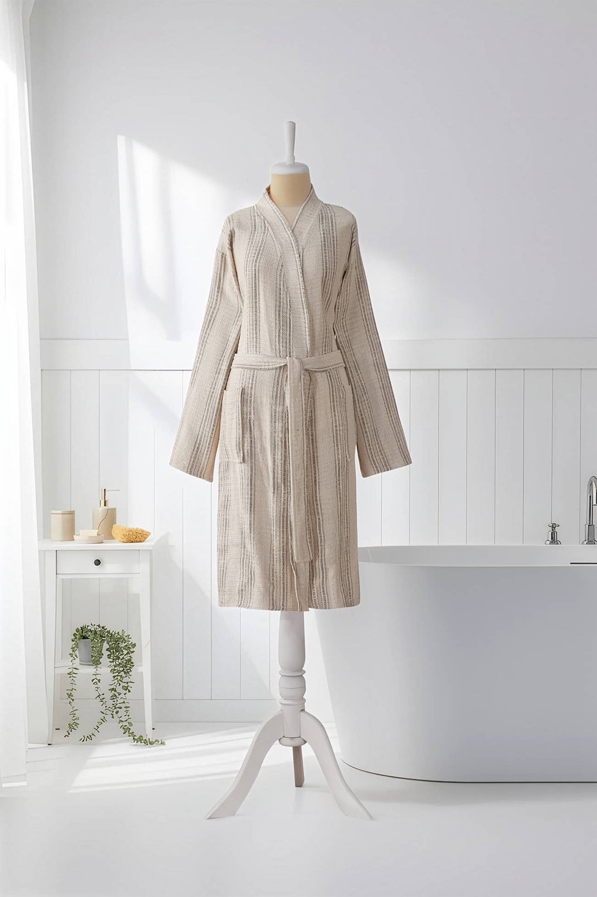 Santorini Turkish kimono bathrobe – Tan Stripe | Kikoya