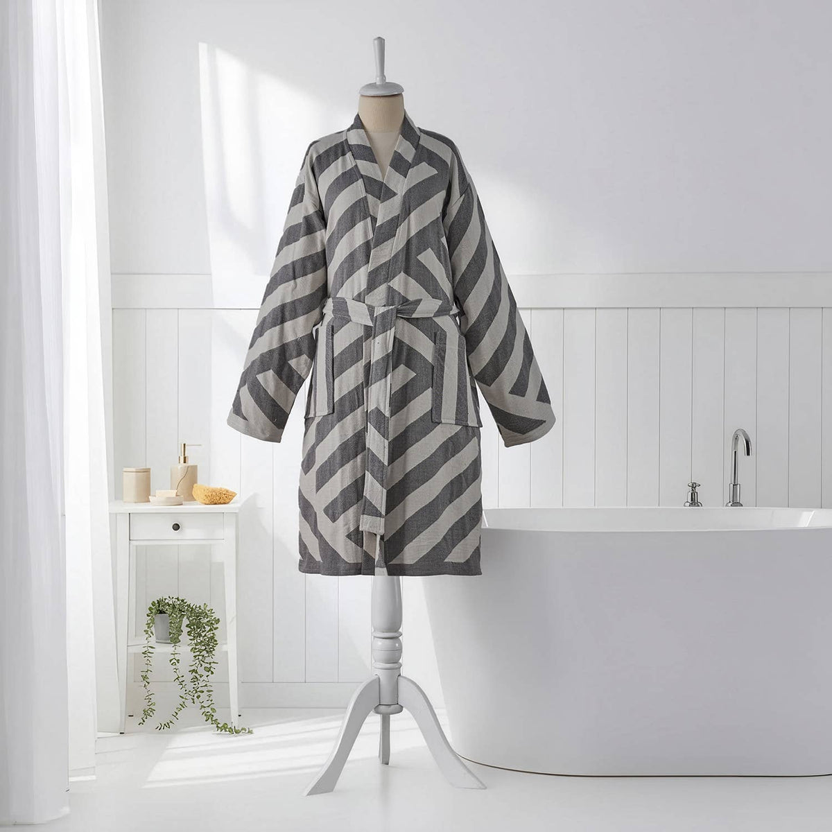 Harmony Turkish kimono bathrobe – Grey diagonal stripe | Kikoya