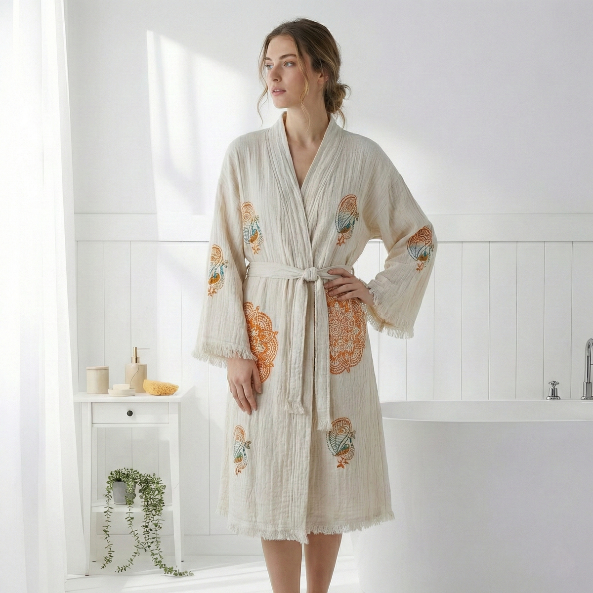Block Print Turkish Cotton Bathrobe – Hand-stamped Design 8, Kimono