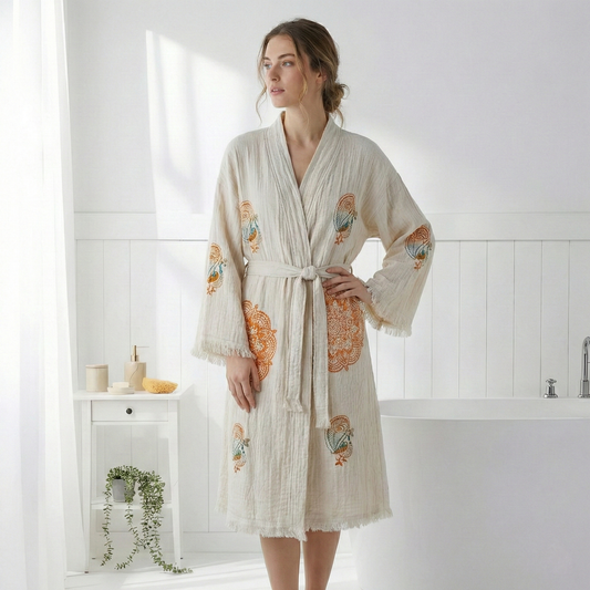 Block Print Turkish Cotton Bathrobe – Hand-stamped Design 8, Kimono