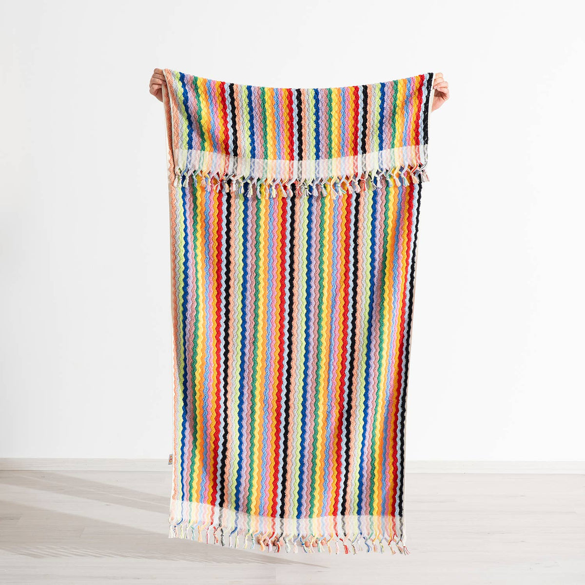 Pompom zigzag Turkish bath towel, 35x68 in, handloomed chevron with pompom fringe | Kikoya
