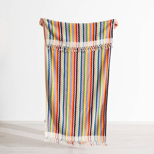 Pompom zigzag Turkish bath towel, 35x68 in, handloomed chevron with pompom fringe | Kikoya