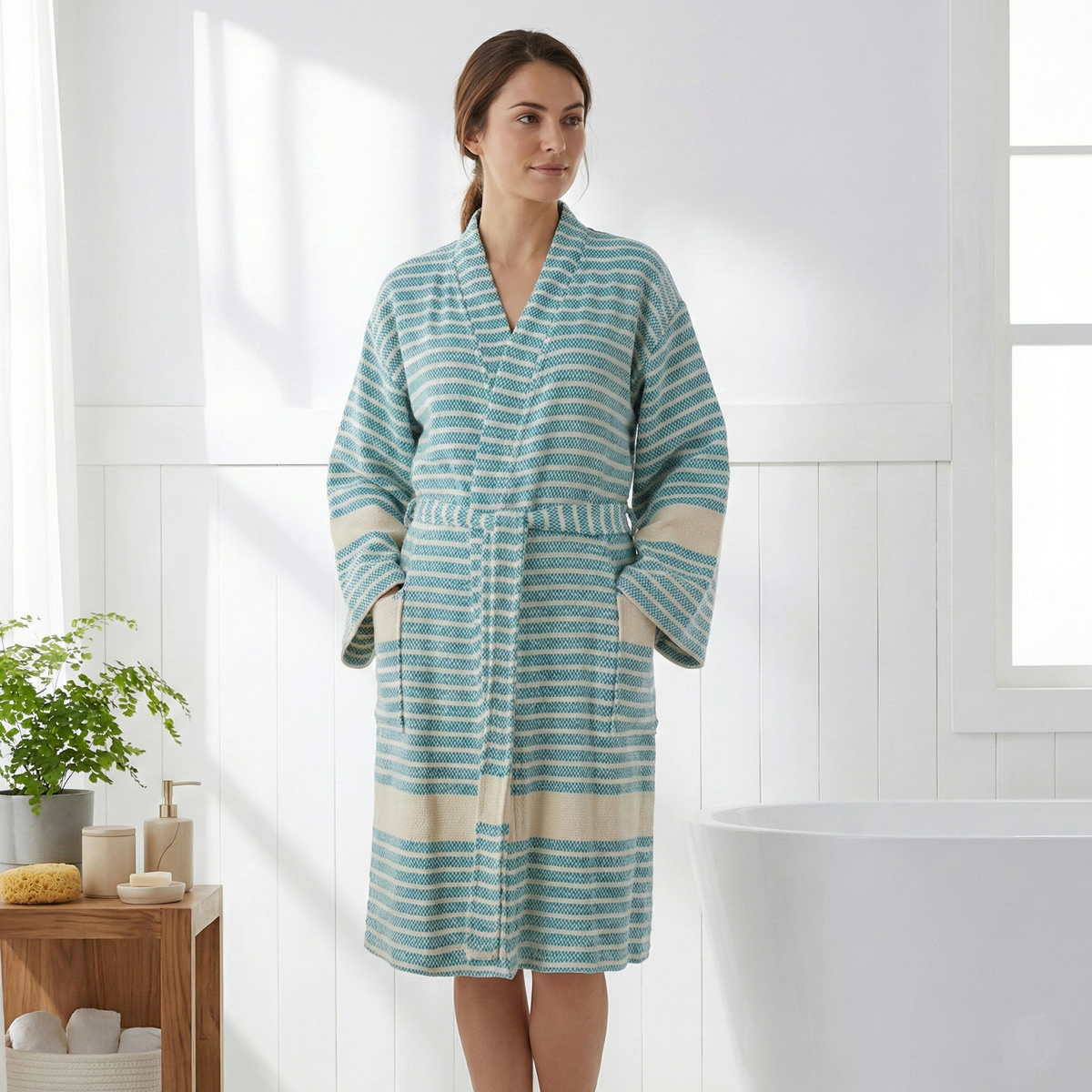 Midas Turkish cotton bathrobe in green stripe – kimono | Kikoya