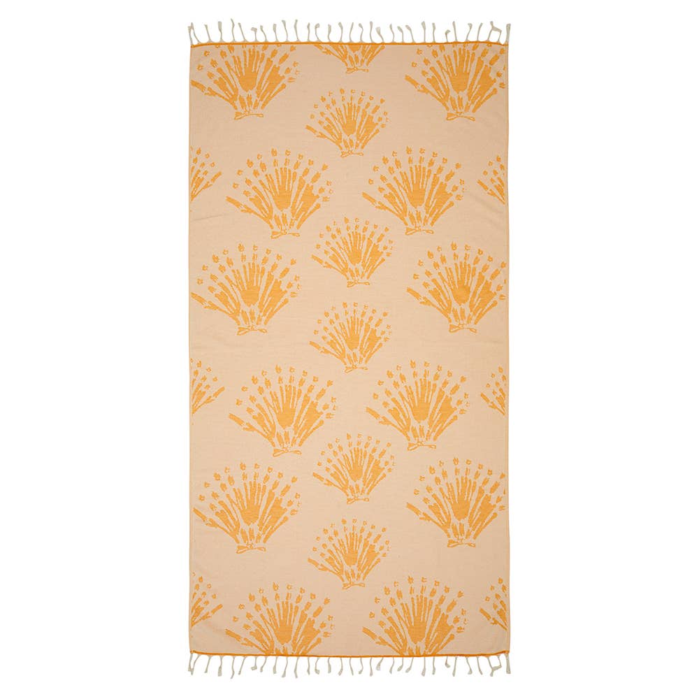 Pearls Turkish towel with coral-sprig jacquard and terry back, 35x70 in | Kikoya