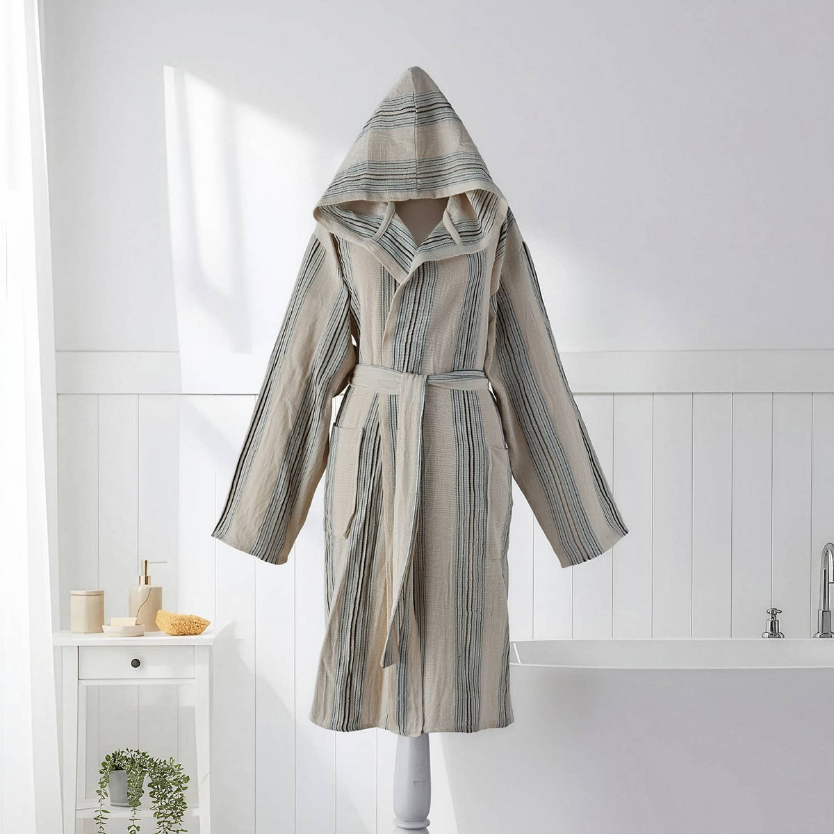Santorini Turkish hooded bathrobe – Multi Stripe | Kikoya