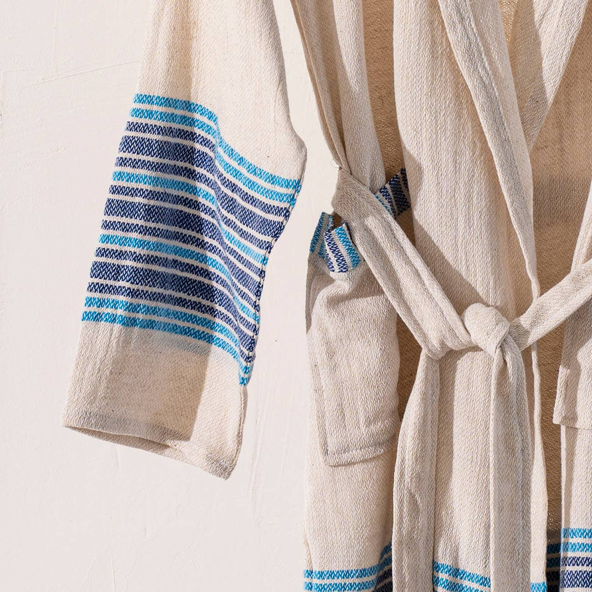 Linen-cotton Turkish bathrobe with blue stripe bands – kimono | Kikoya