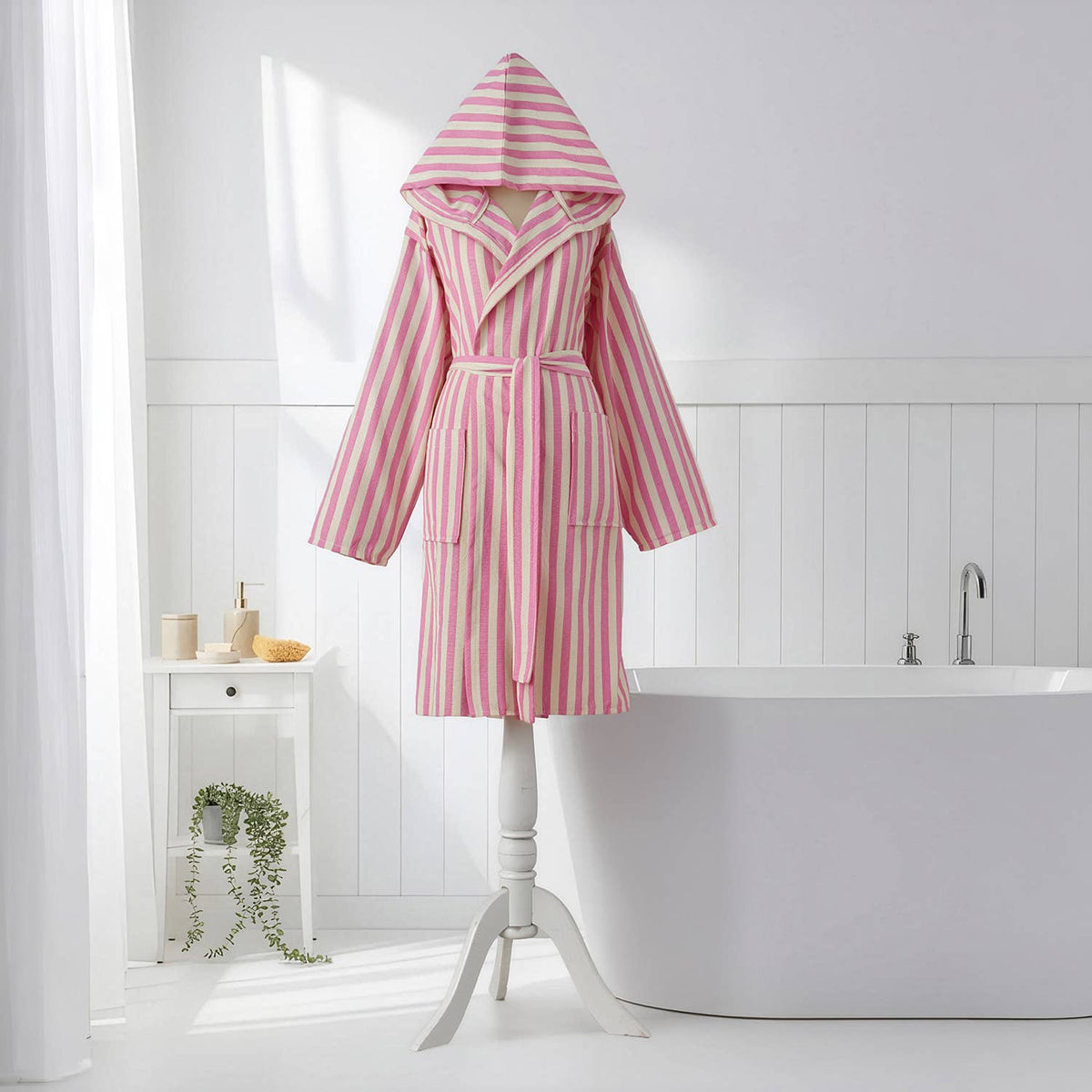 Zebra stripe Turkish hooded bathrobe – Pink & Cream, full length | Kikoya