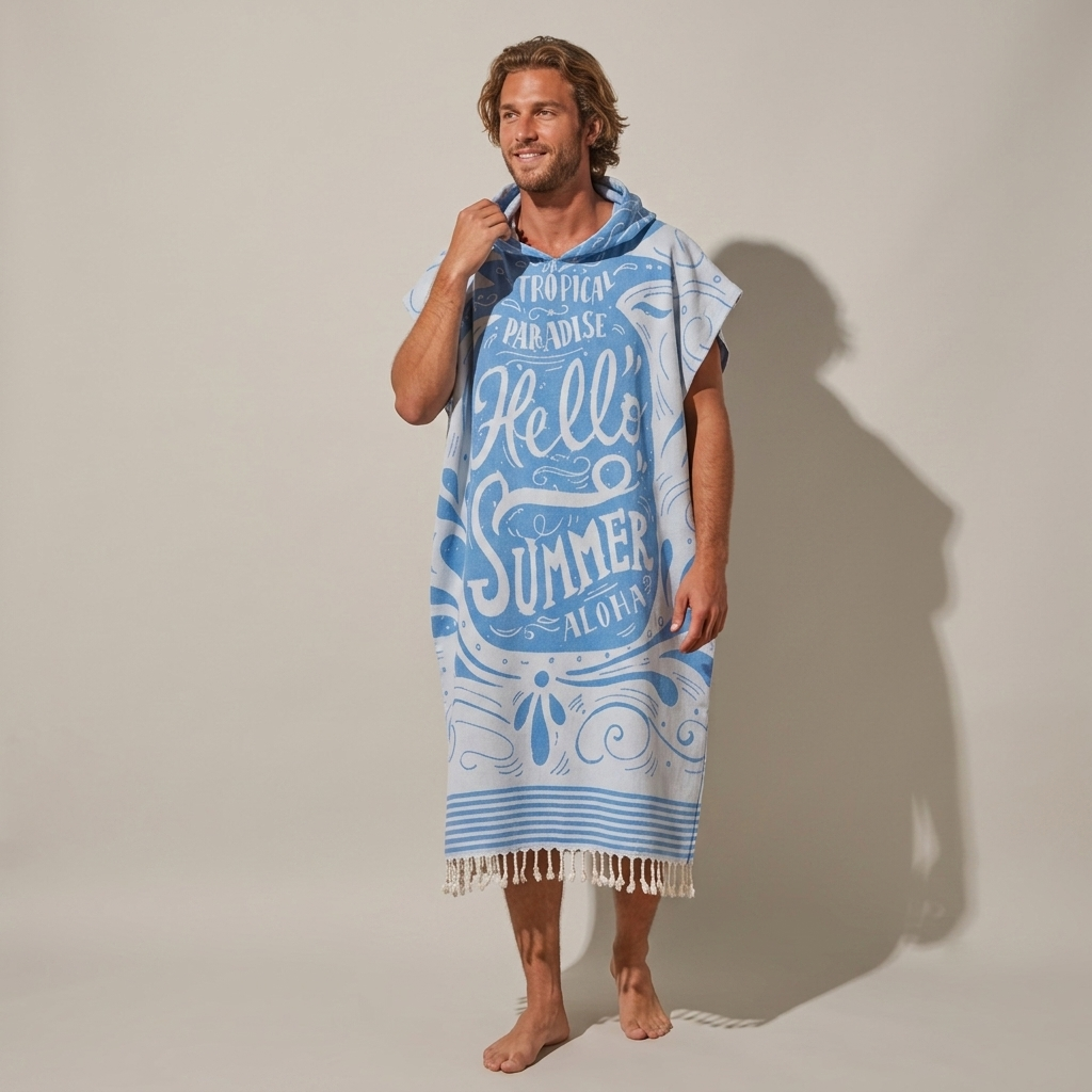 Hello Summer Adult Hooded Changing Poncho – Print, front view | Kikoya