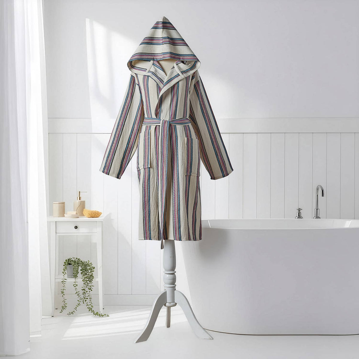 Antique Turkish hooded bathrobe – Taupe Stripe | Kikoya