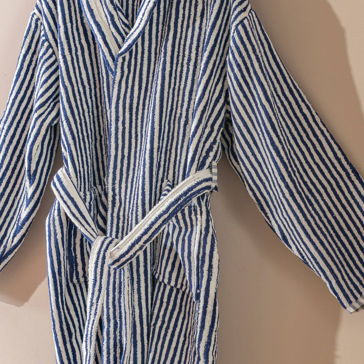 Pompom Turkish bathrobe – Navy & White Stripe, Hooded, close-up | Kikoya