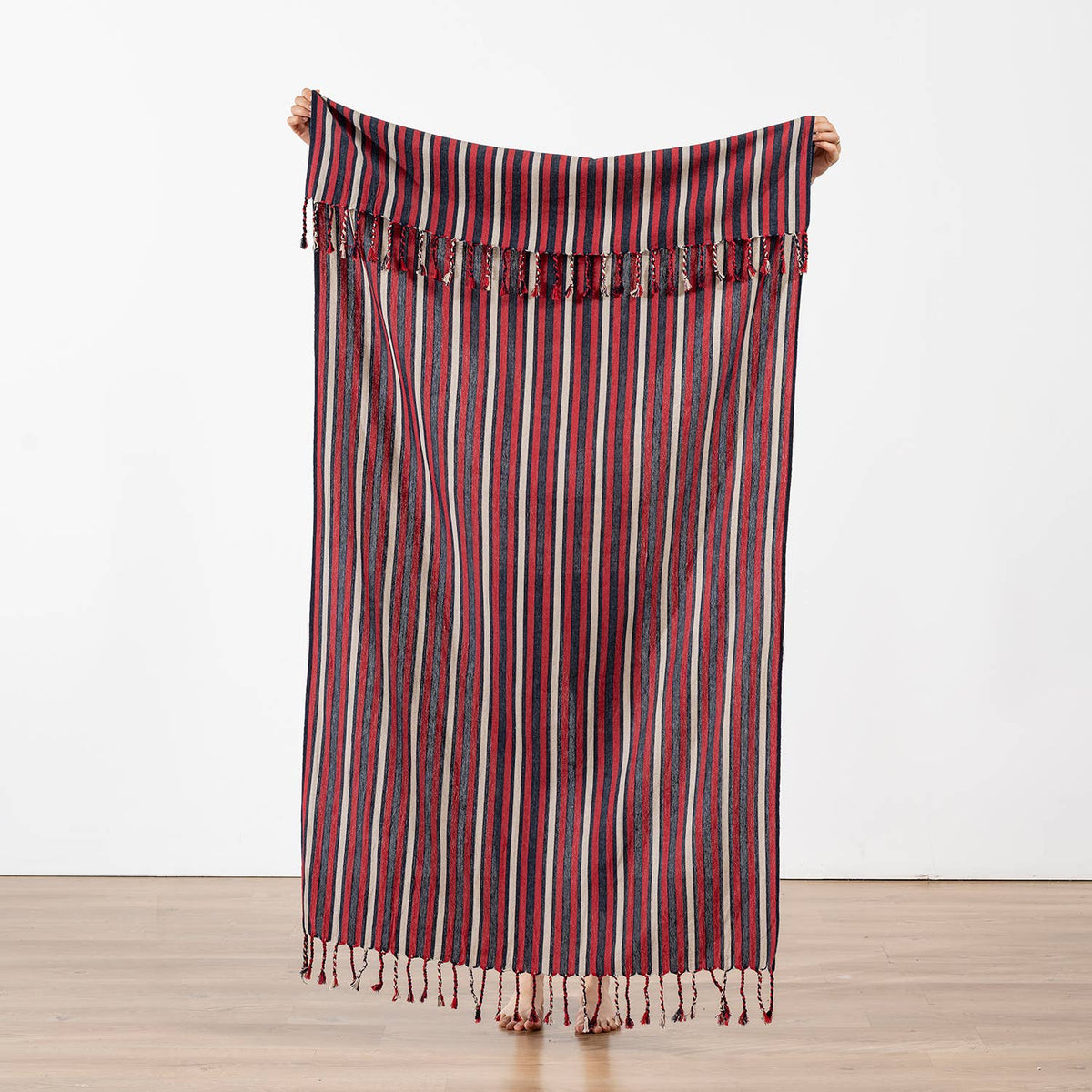 Premium Rustic Turkish beach towel – Burgundy Stripe, full length view | Kikoya
