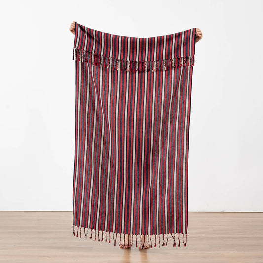Premium Rustic Turkish beach towel – Burgundy Stripe, full length view | Kikoya