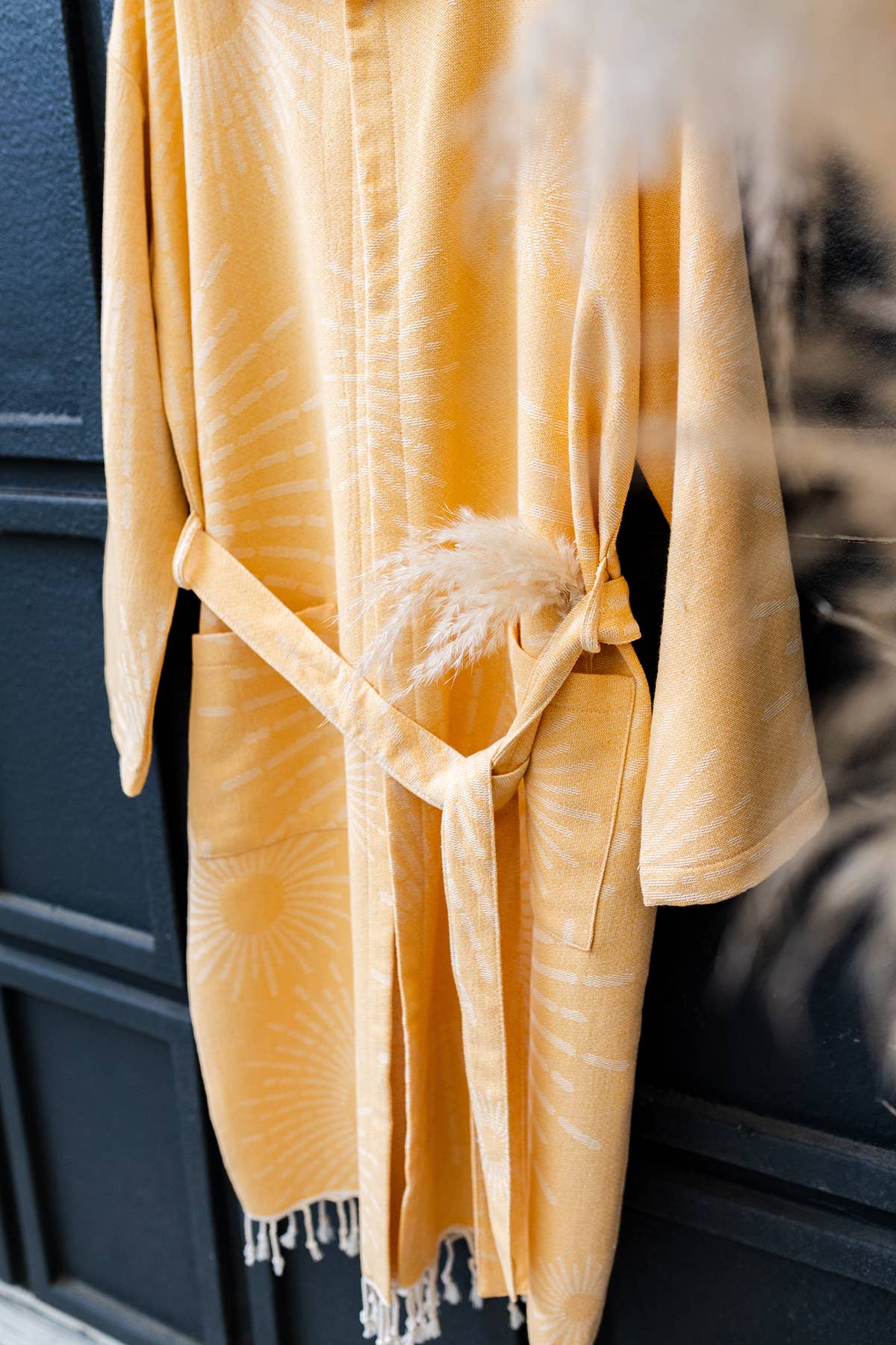 Sunburst terry-backed Turkish bathrobe, hooded, mustard | Kikoya
