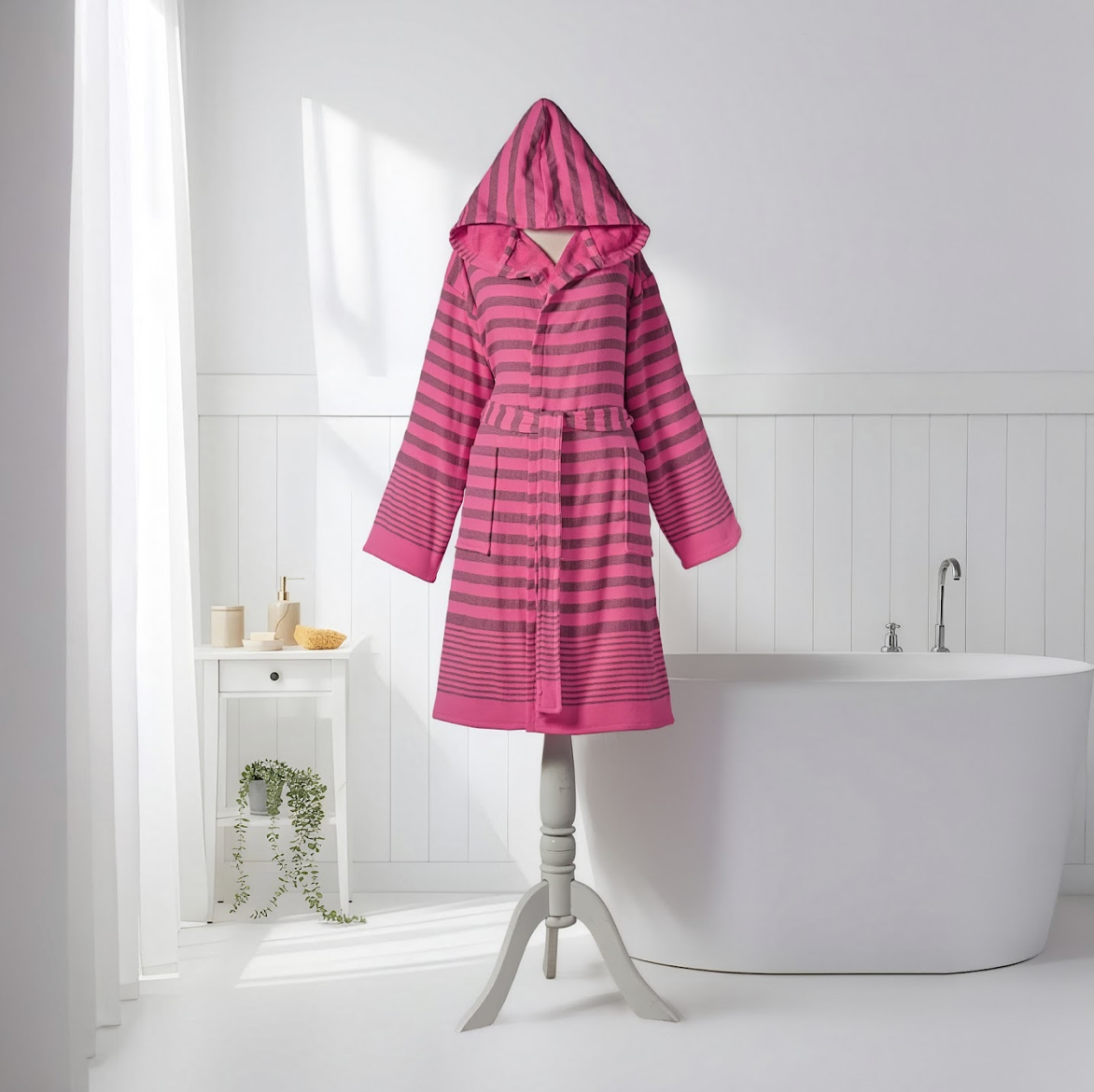 Chakra terry-backed Turkish bathrobe, hooded, tonal ombré stripe | Kikoya