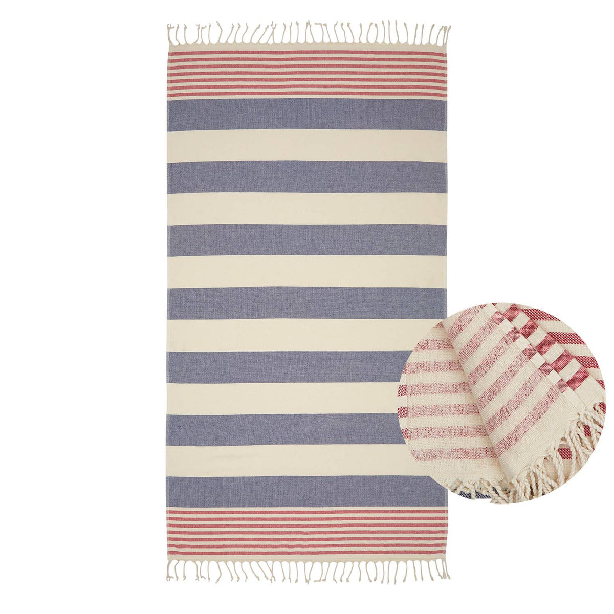 Mediterranean terry-backed Turkish towel in navy and red, 35x70 in | Kikoya
