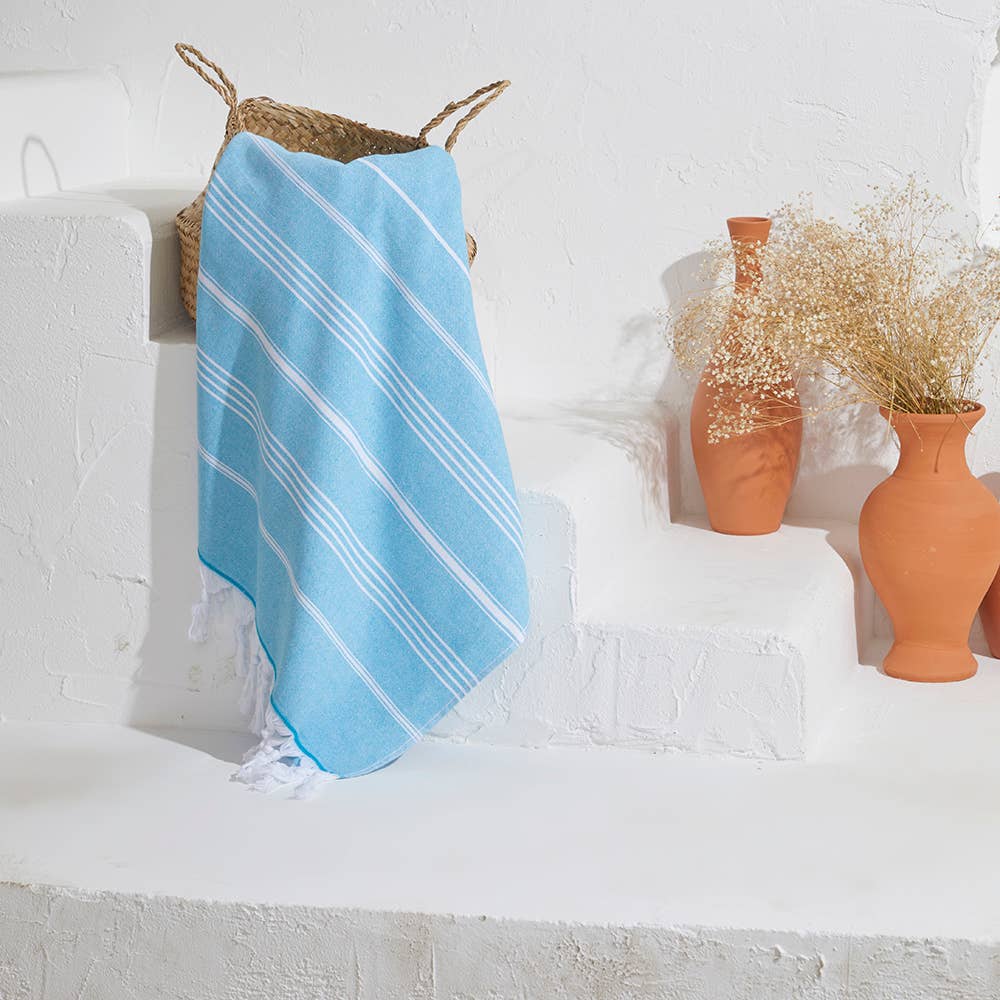 Classic terry-backed Turkish towel in wide stripe, flat face with brushed terry back | Kikoya