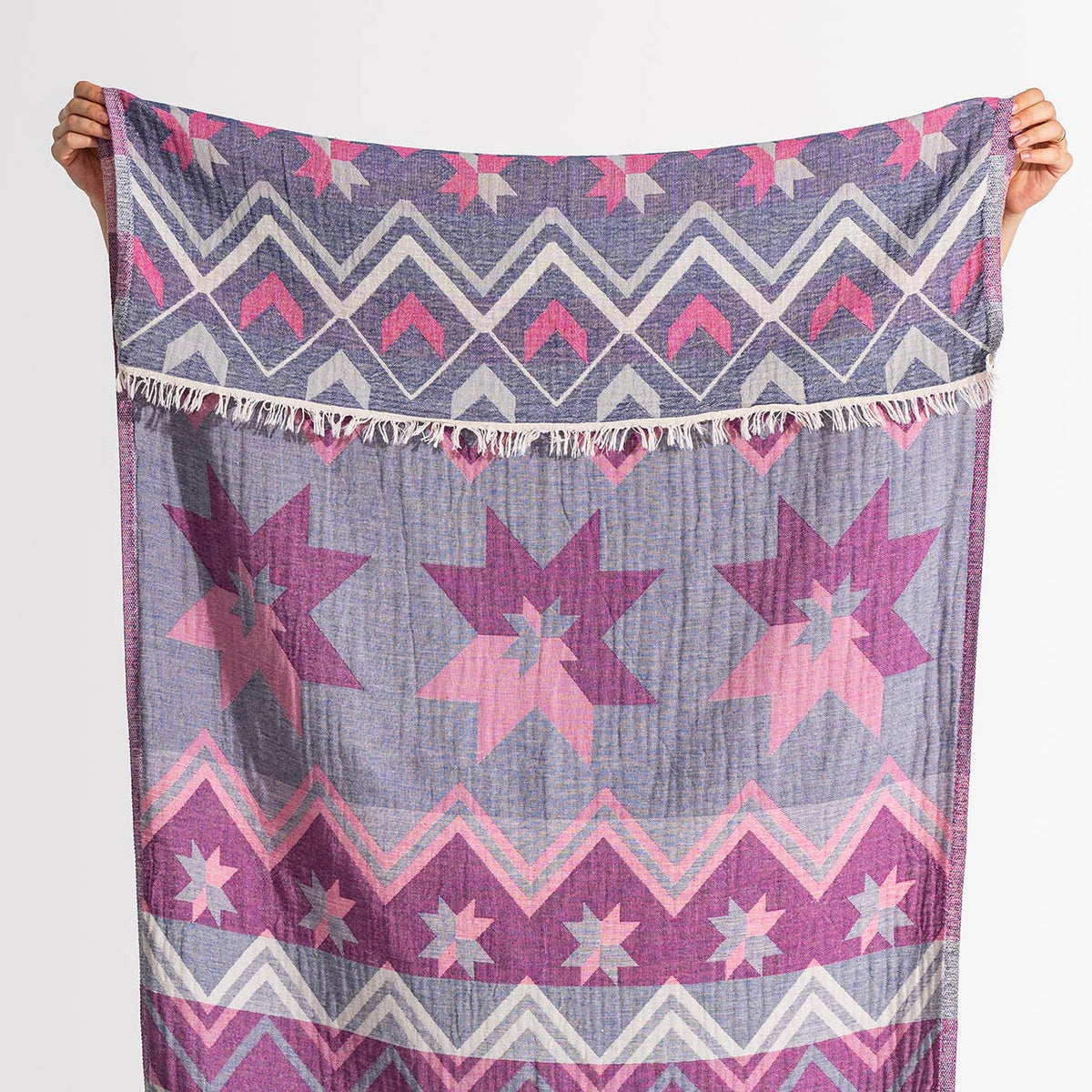 Ethnic print Turkish beach towel in pink and purple, 33x66 in | Kikoya