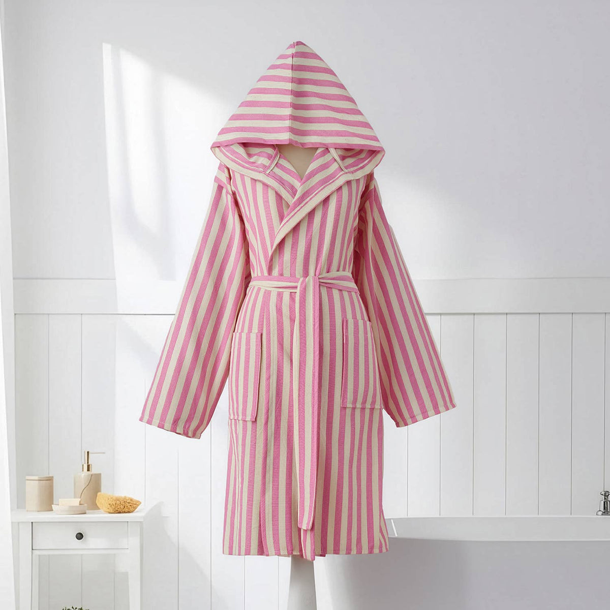 Zebra stripe Turkish hooded bathrobe – Pink & Cream, front view | Kikoya